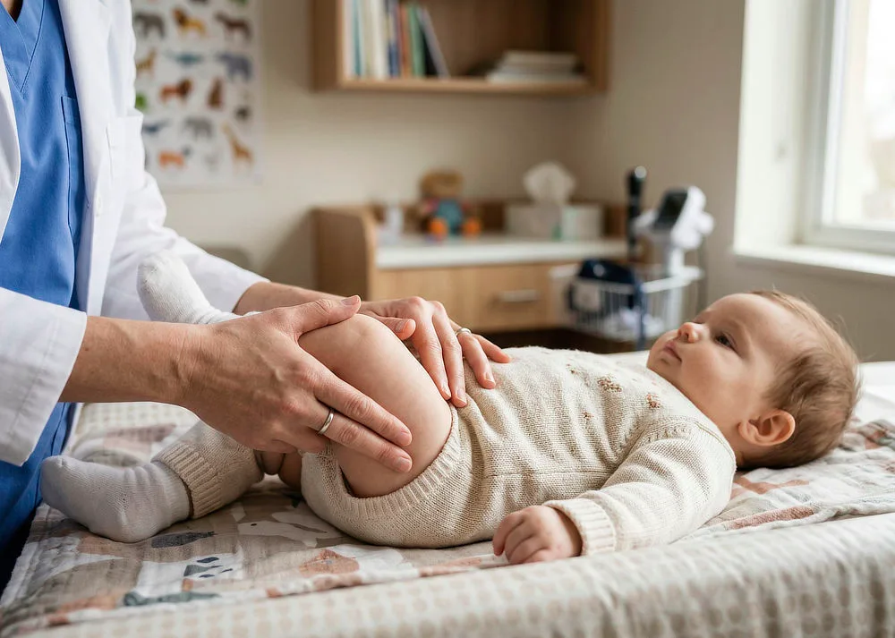 Lekarz badający biodra niemowlęcia na przewijaku