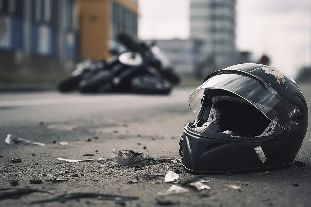 Kask motocyklowy leżący na drodze, a za nim przewrócony motocykl