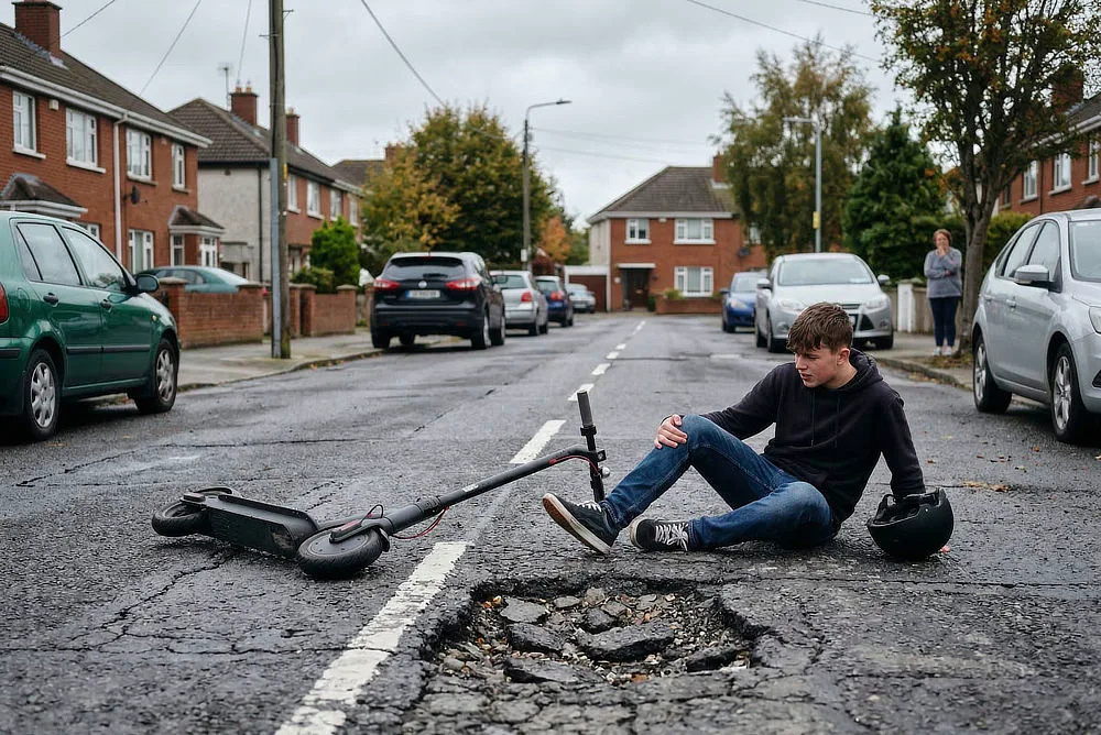 A teenager sitting on the road beside a fallen e-scooter next to a large pothole